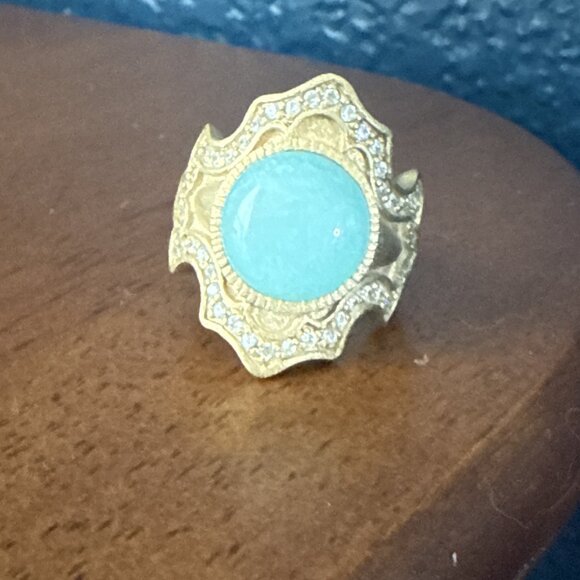 Rivka Friedman 18K Gold Clad Satin Lt Blue CZ Stone Ring Statement - Picture 1 of 5